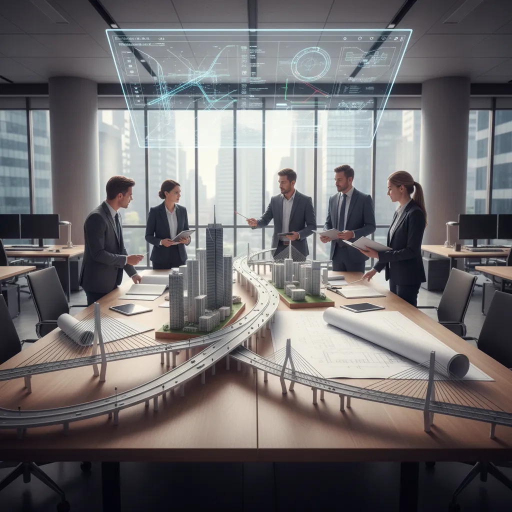 Infrastructure engineering planning with structural drawings and bridge model