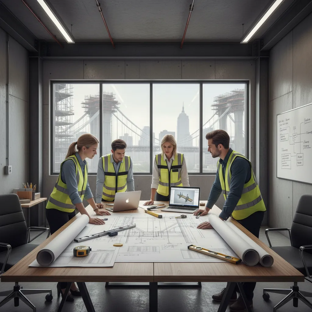 civil engineers reviewing bridge construction quantities and bill of quantities documents