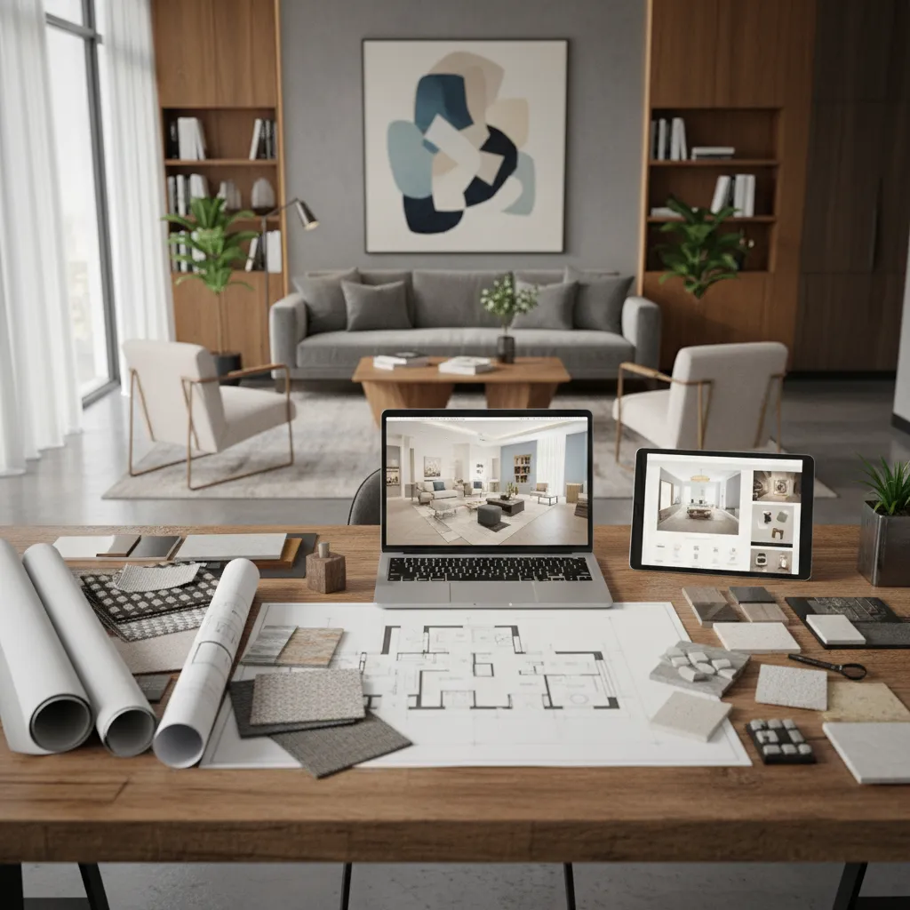 Interior design workspace with laptop tablet floor plan paper material samples and living room background