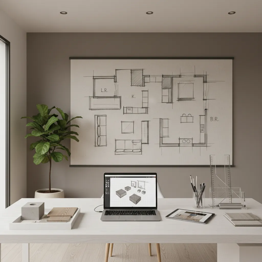 designer planning placement of decorative wall initials on a layout sketch