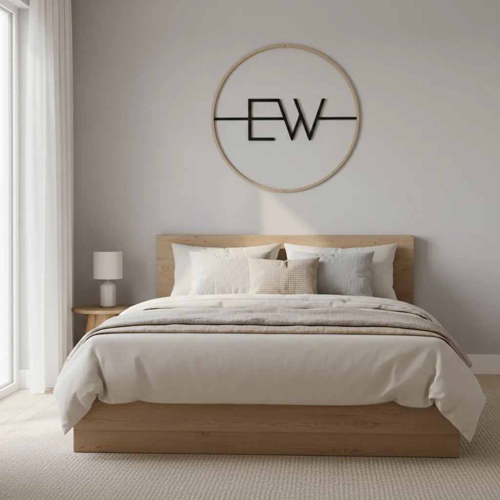 Small bedroom with monogram letter centered above a bed creating balanced wall decor