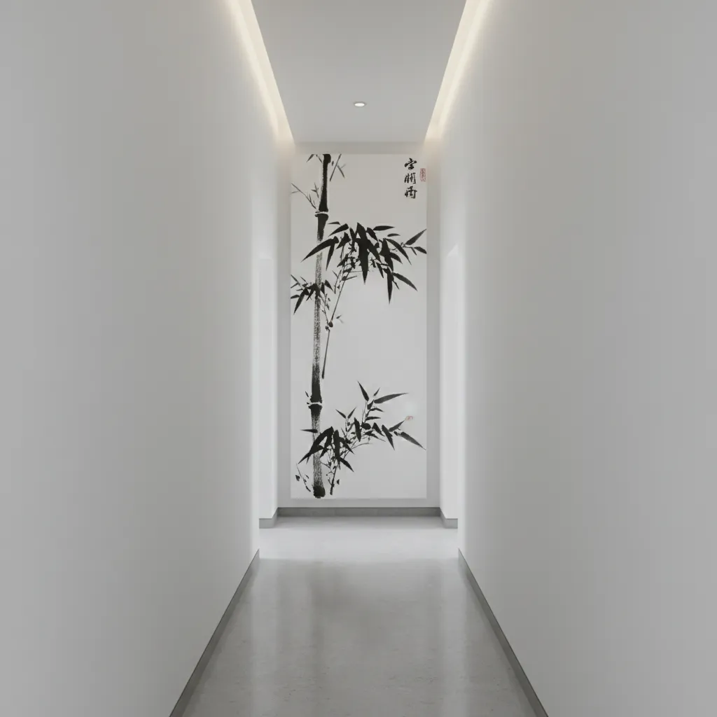 Ink style bamboo wall painting in minimalist hallway