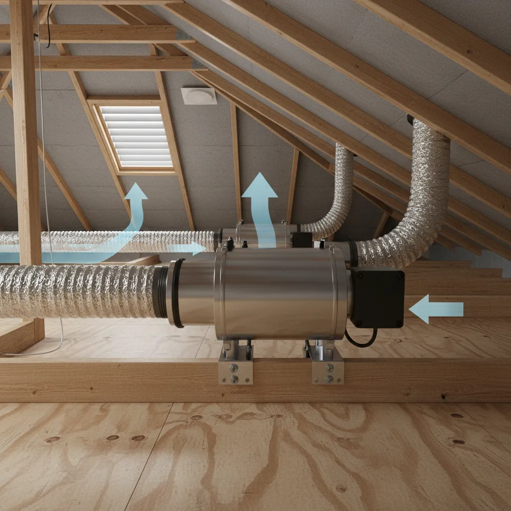 diagram style attic installation of inline bathroom ventilation fan and ducts