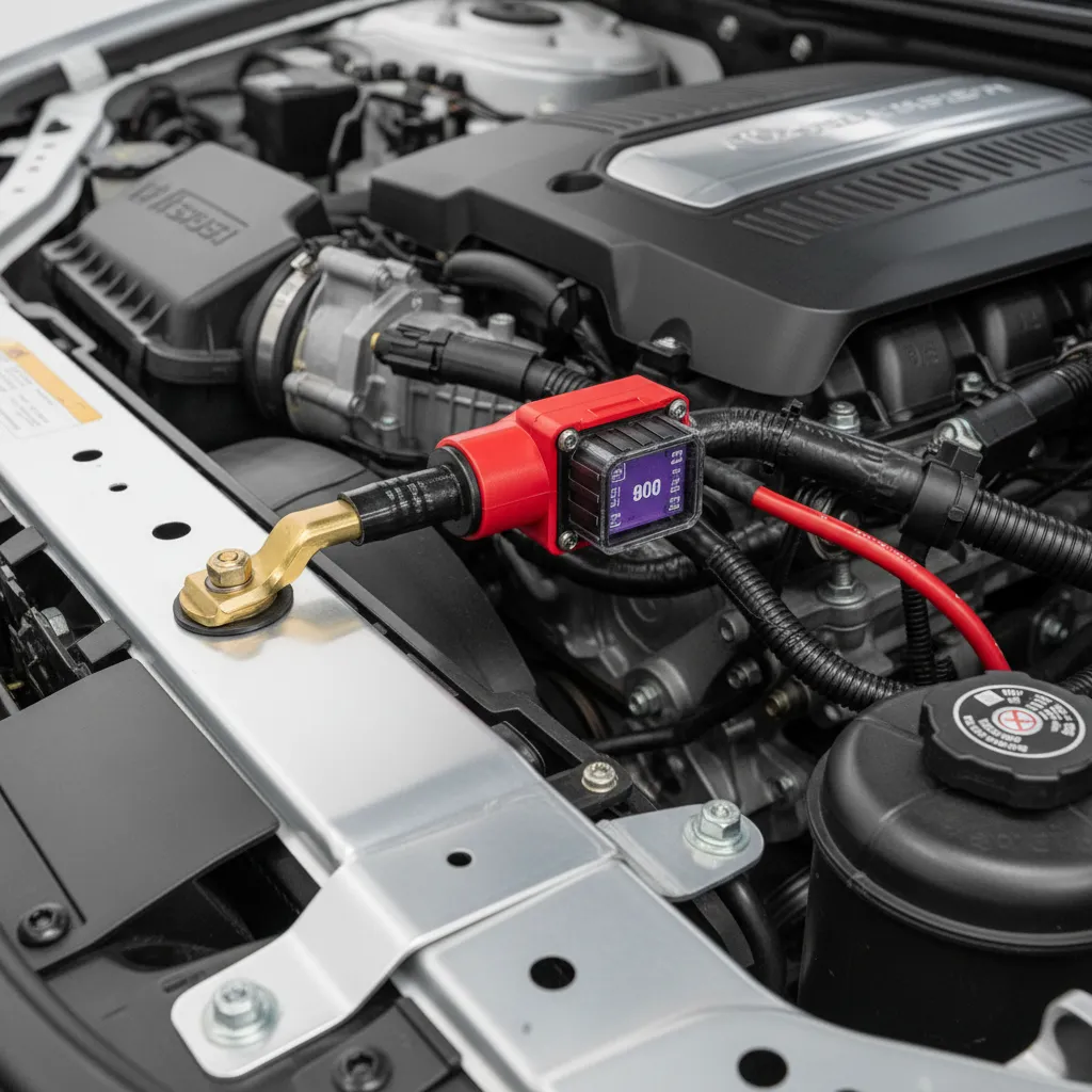 inline fuse holder installed within inches of car battery positive terminal