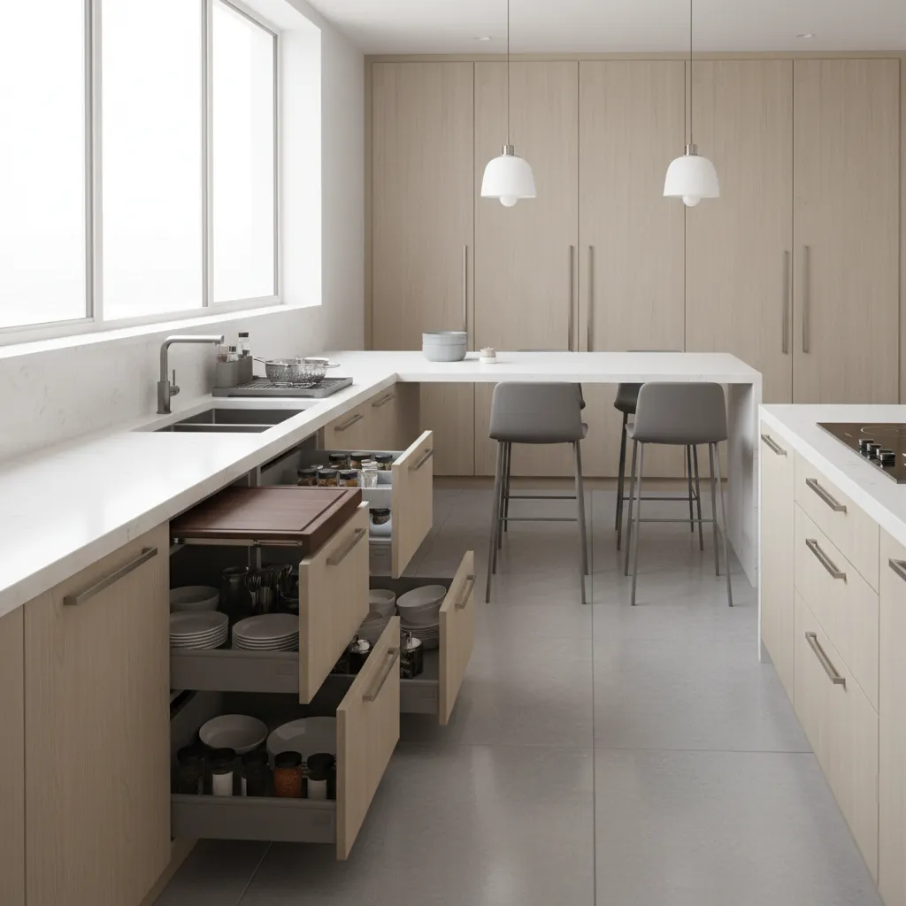 Modern kitchen workflow setup with integrated utility tools