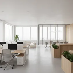 Bright open office interior with white desks chairs wooden plant boxes lounge sofa and table
