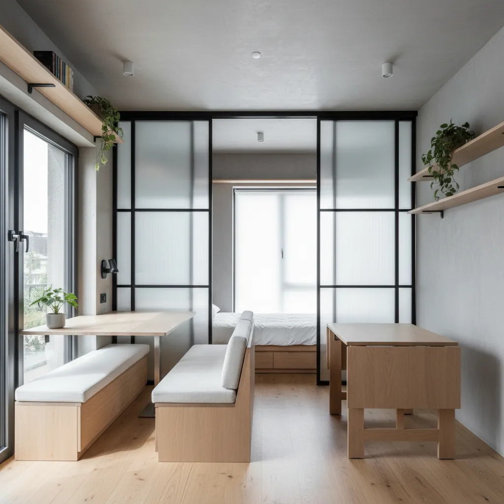 Small modern room layout with wooden furniture and sliding glass doors leading to a bedroom