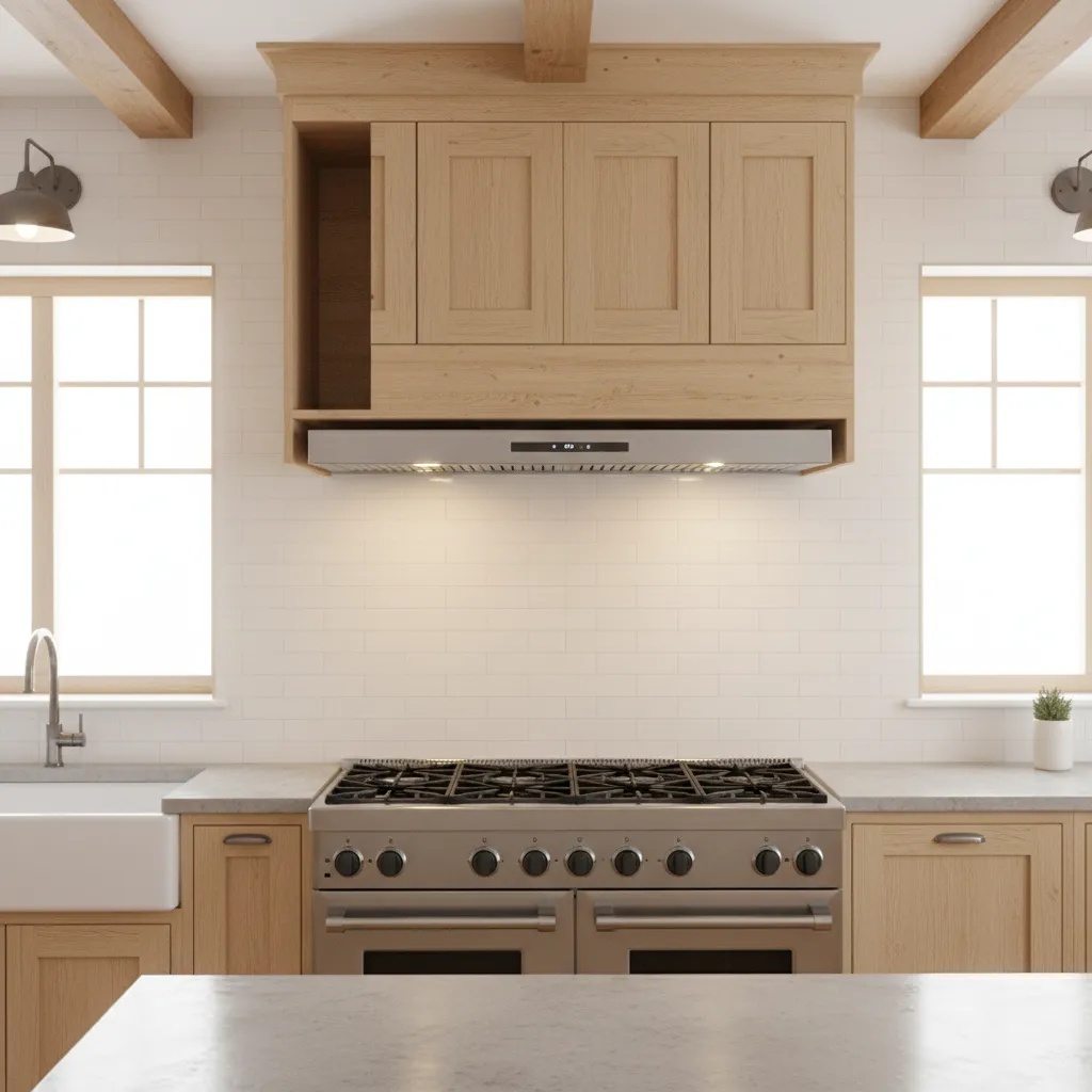 Custom cabinet hood enclosure with insert range hood inside wooden structure