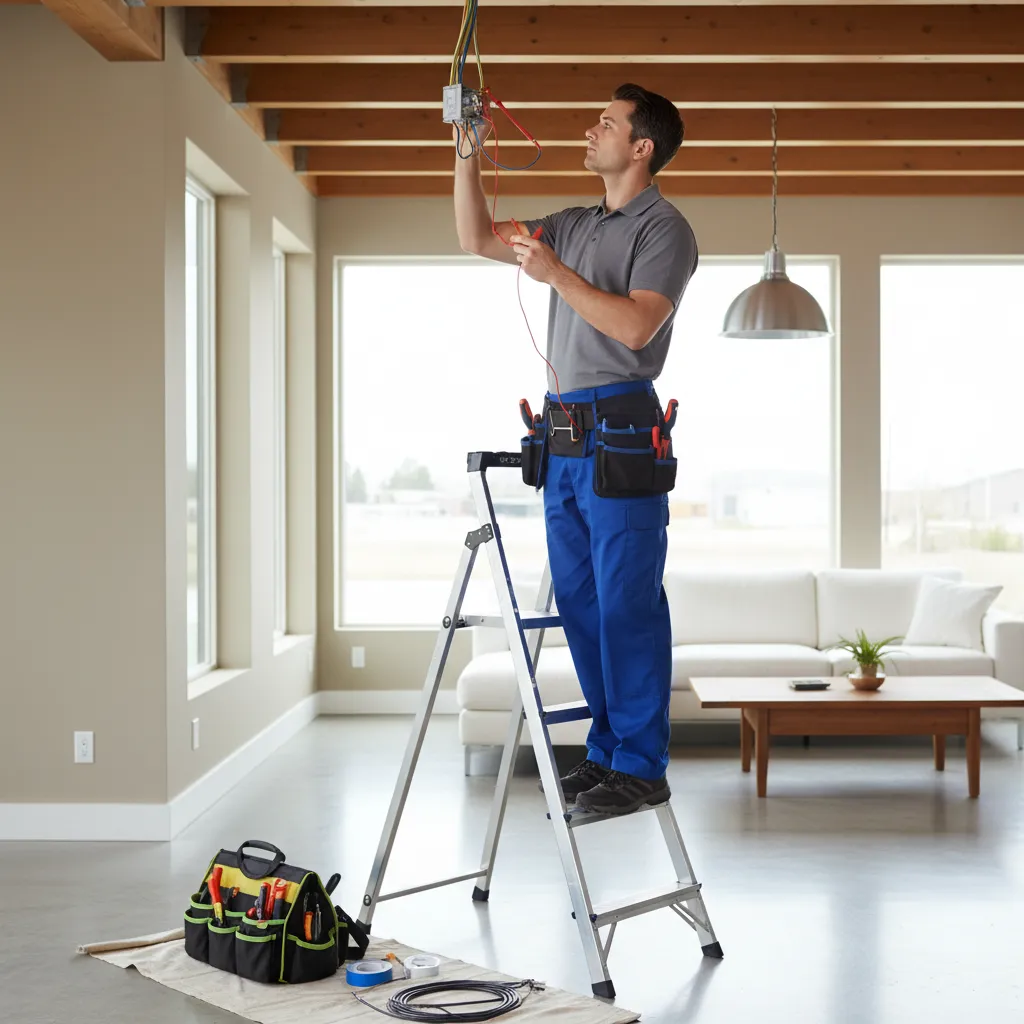 Electrician inspecting ceiling light fixture wiring after bulb failure