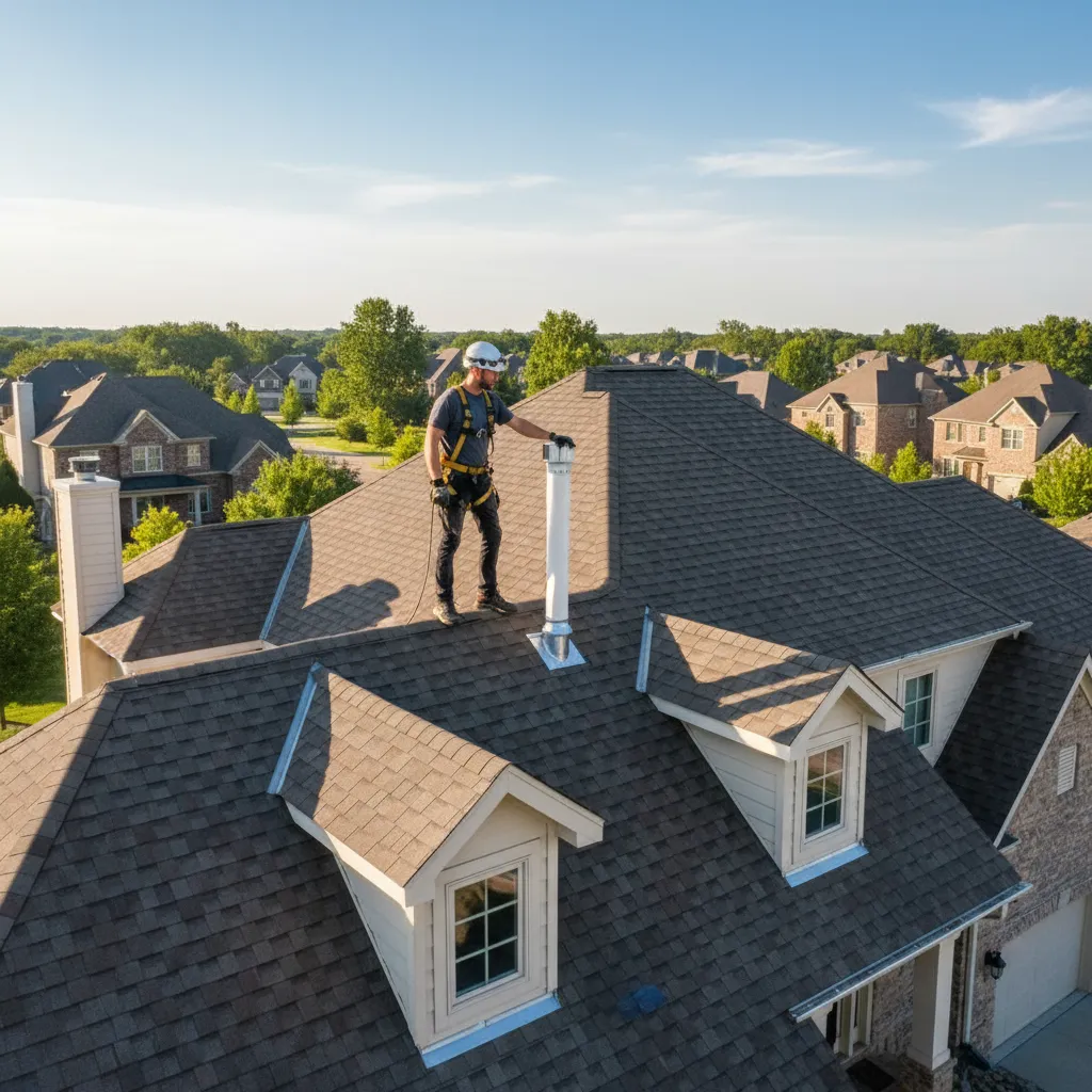Home inspector checking plumbing vent pipe height on roof