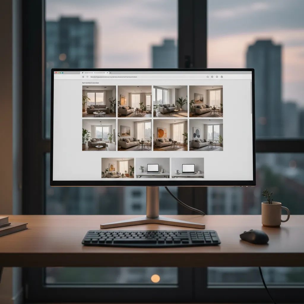 Pantalla de ordenador mostrando inspiración de decoración interior con varios estilos de salón