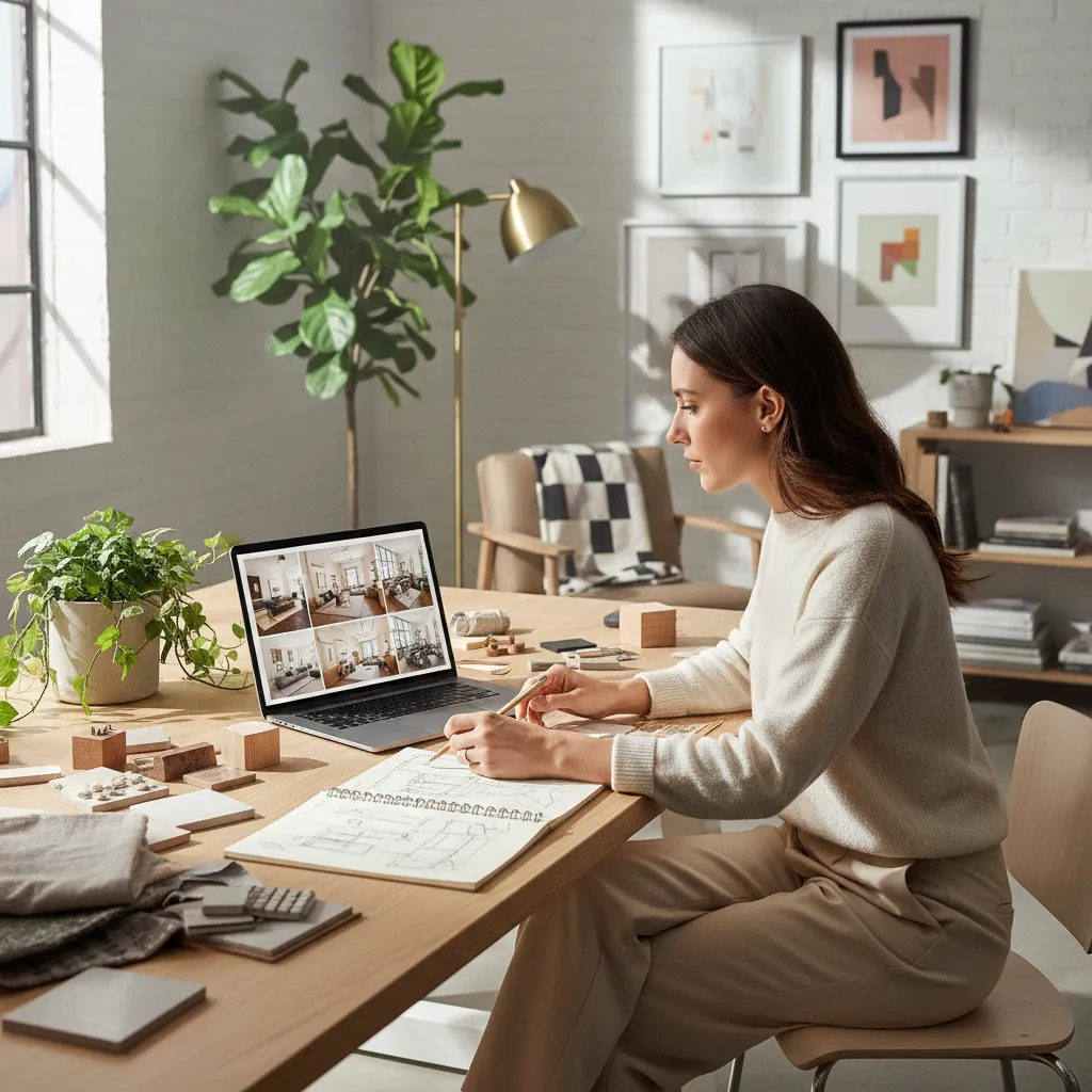 Diseñador revisando ideas de interiores antes de dibujar bocetos