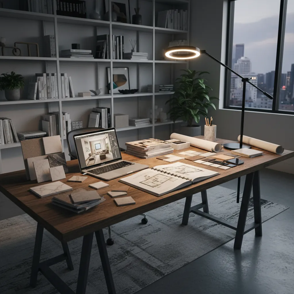 Mesa de trabajo con revistas, laptop y bocetos de diseño interior