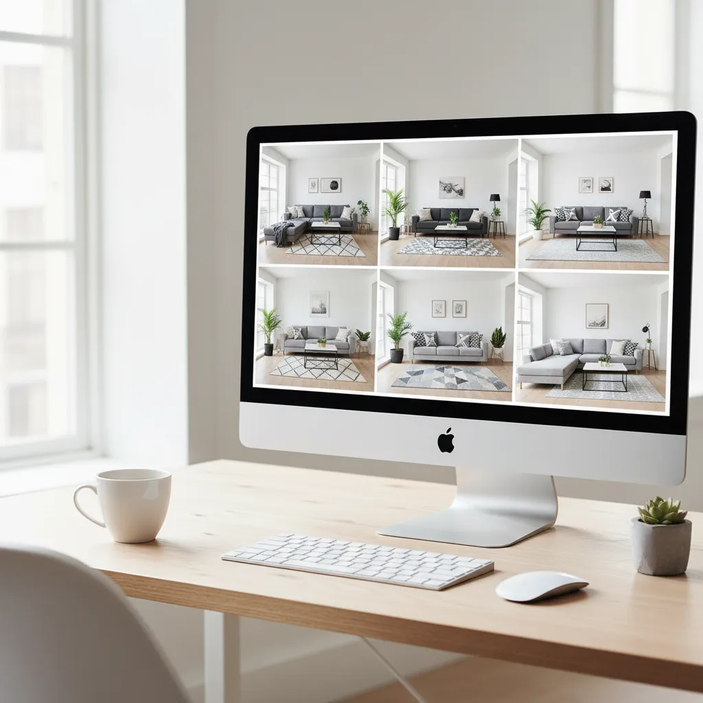Desktop computer showing six living room design options on a wooden desk with white cup