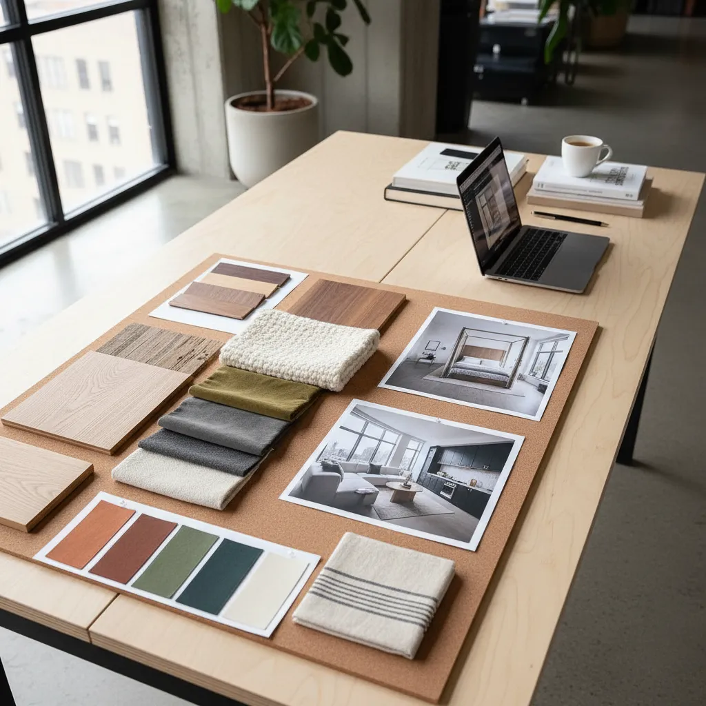 Tablero de inspiración con muestras de materiales y fotos de interiores