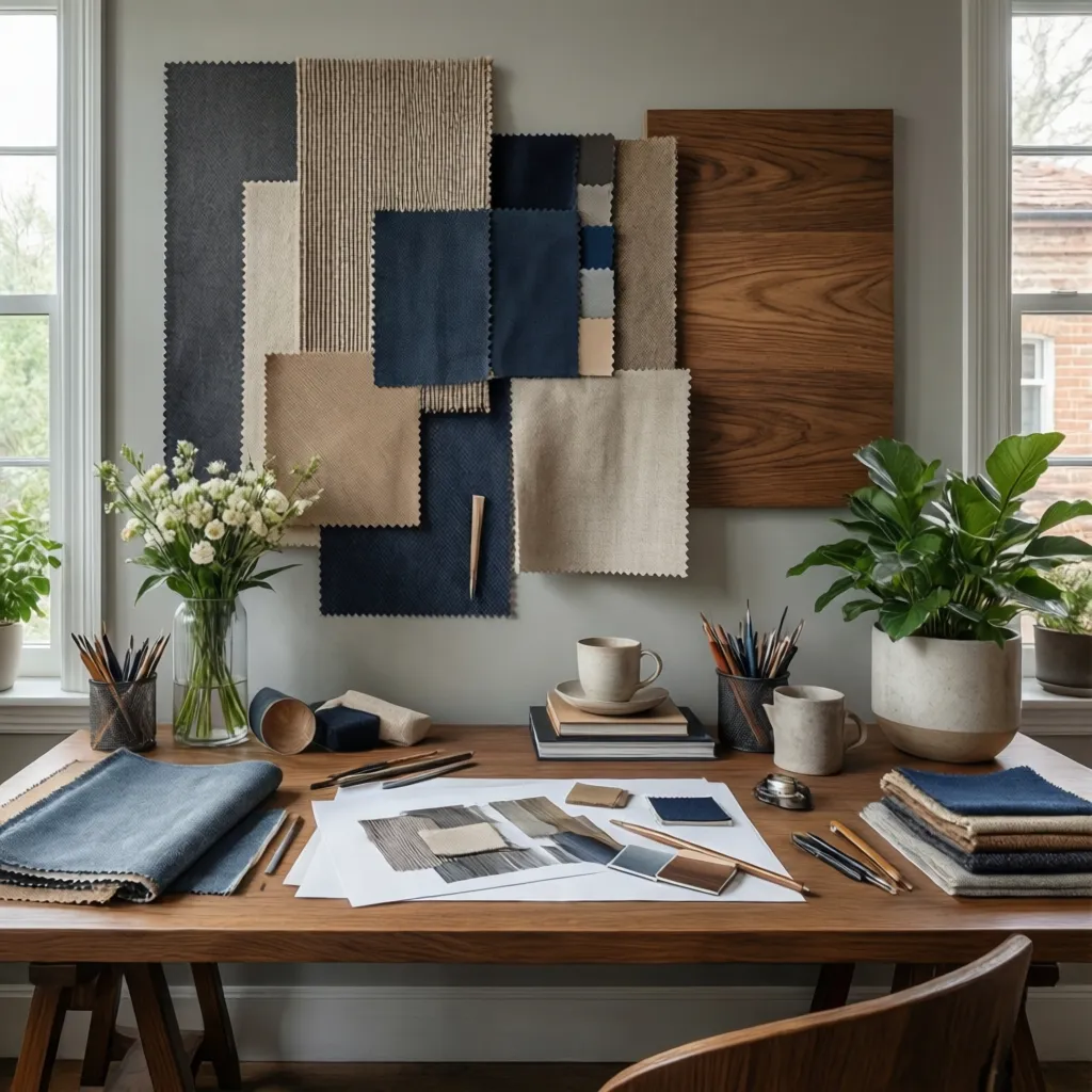 Moodboard de diseño interior con telas, colores y referencias de estilo