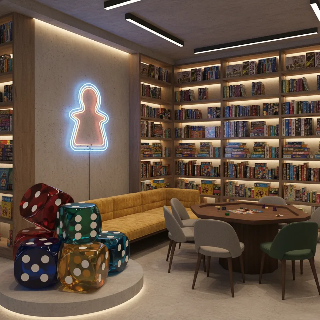 instagram friendly board game cafe corner with oversized dice decor