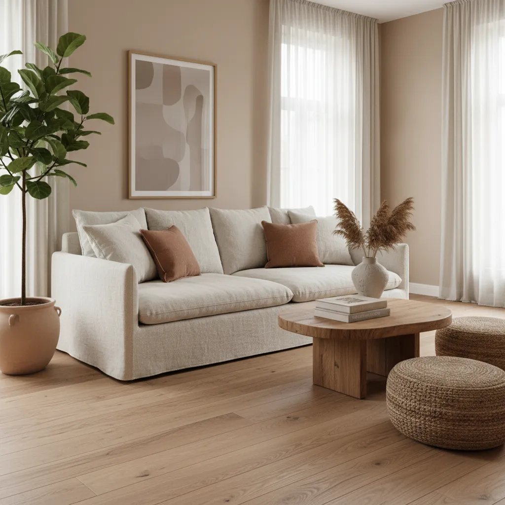 Salón contemporáneo con materiales naturales y estilo minimalista popular en Instagram