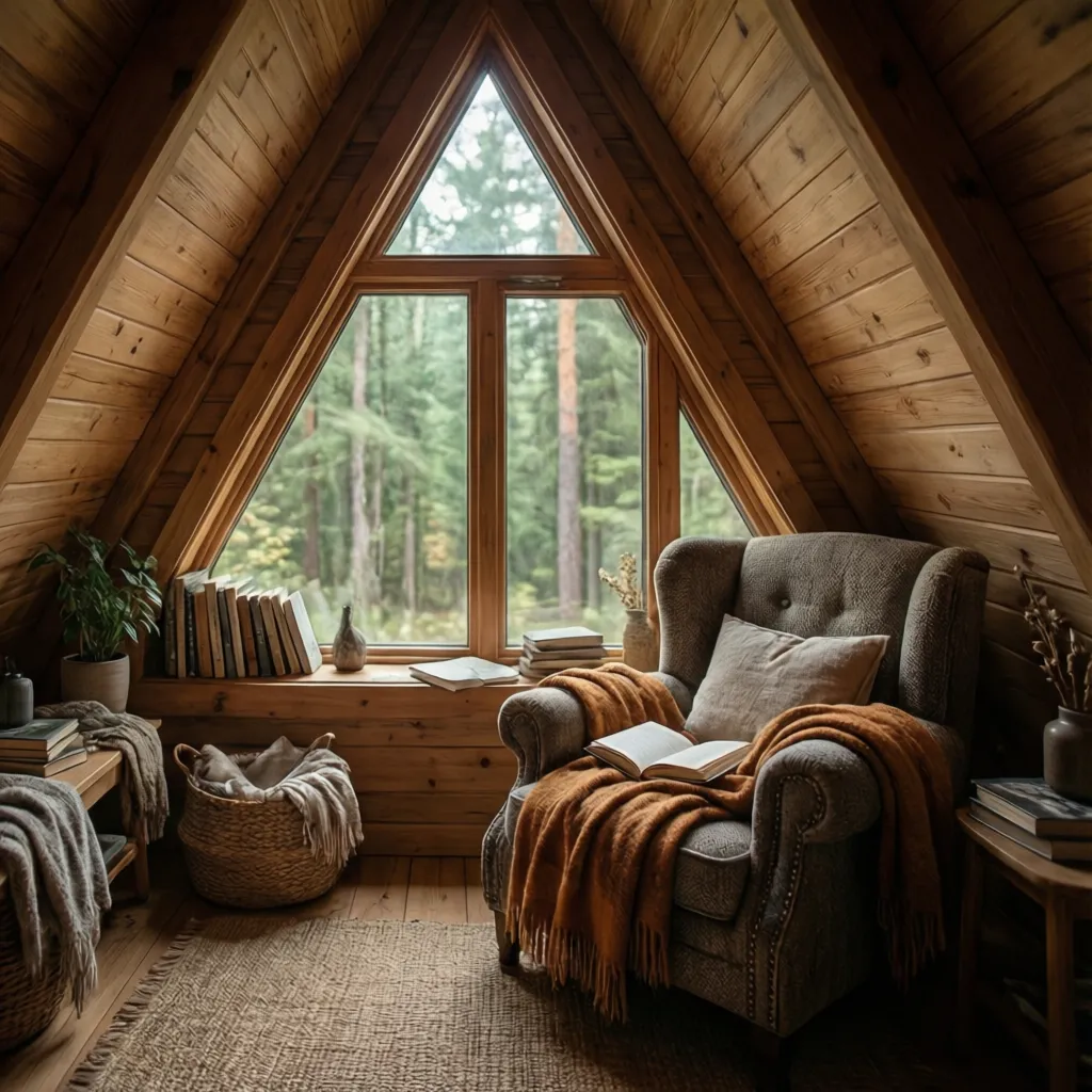 Photogenic reading nook inside A-frame cabin with window view and cozy decor
