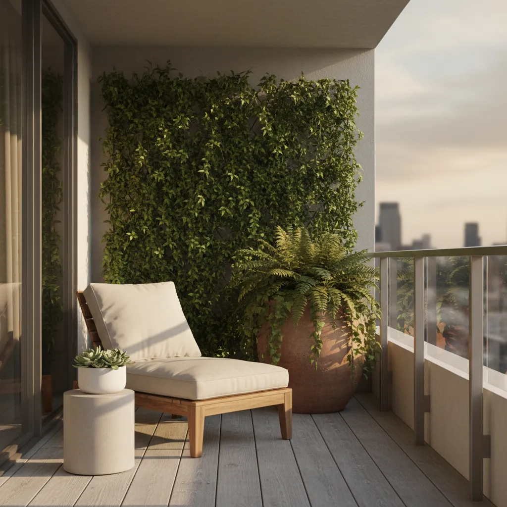 Stylish balcony with layered neutral colors wood furniture and plants designed for social media aesthetics