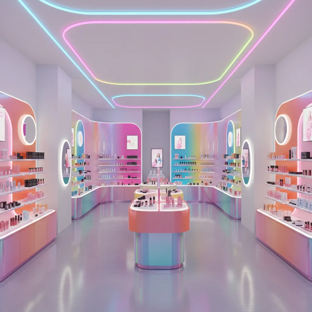colorful instagrammable beauty store interior with neon lighting and curved cosmetic display shelves