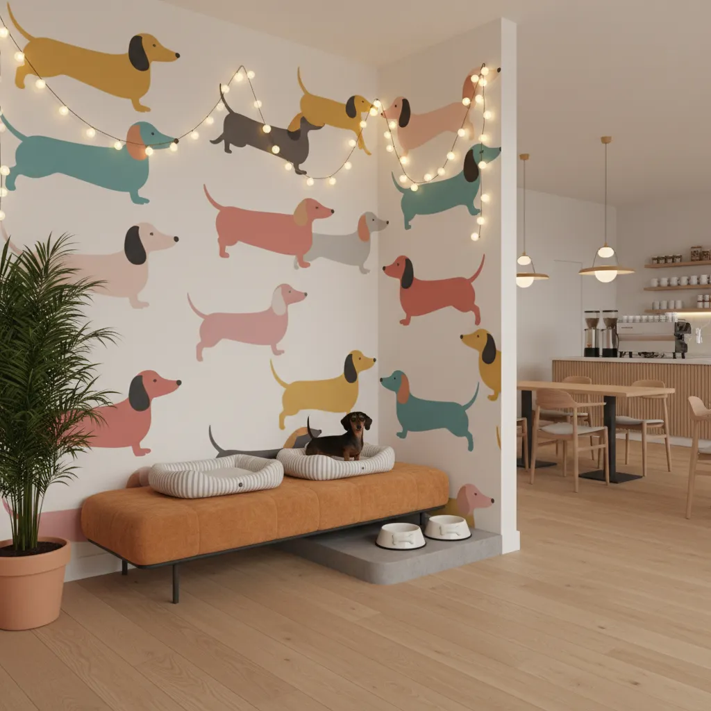 Instagram photo corner with dachshund themed backdrop in a dog cafe