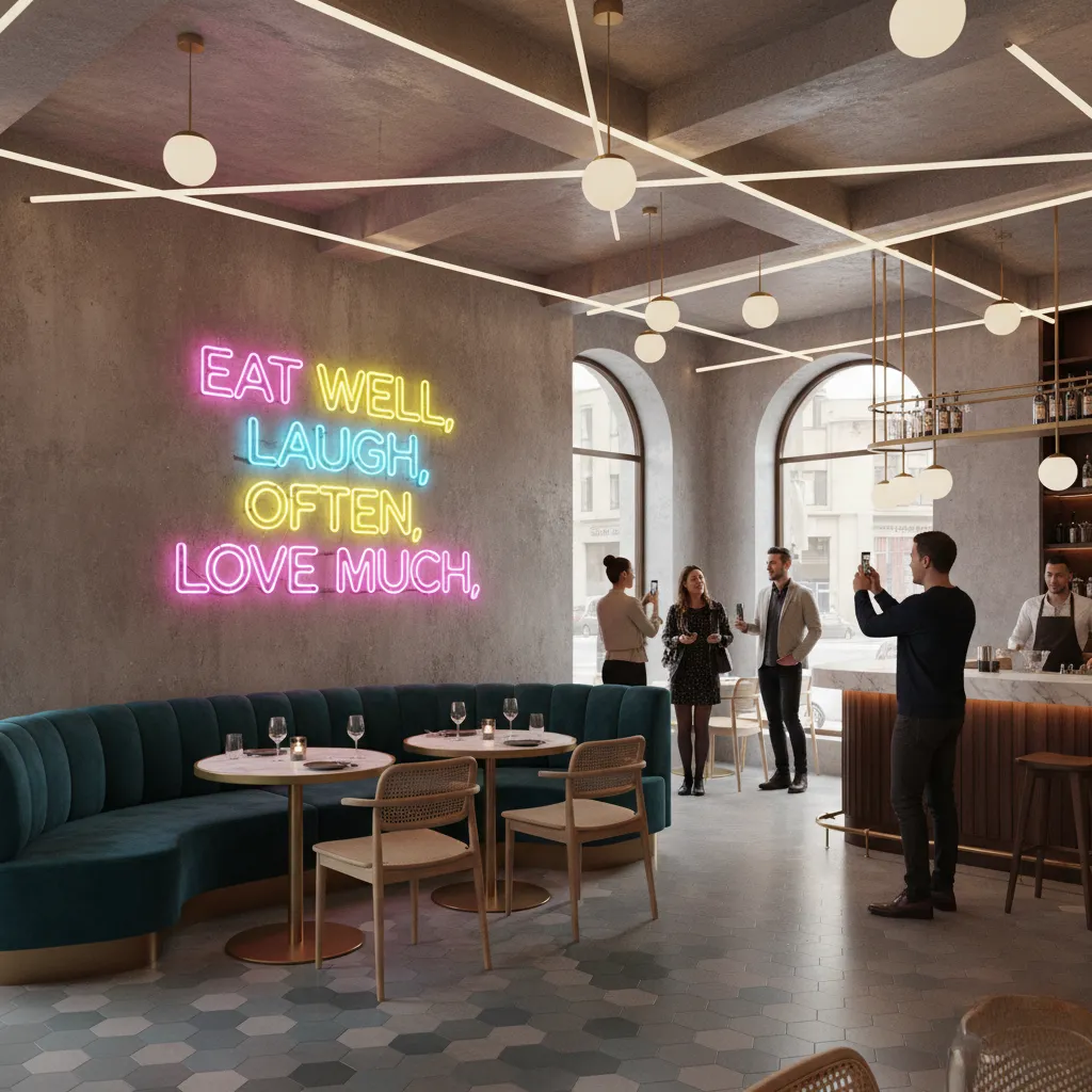 modern restaurant neon quote wall designed for social media photos