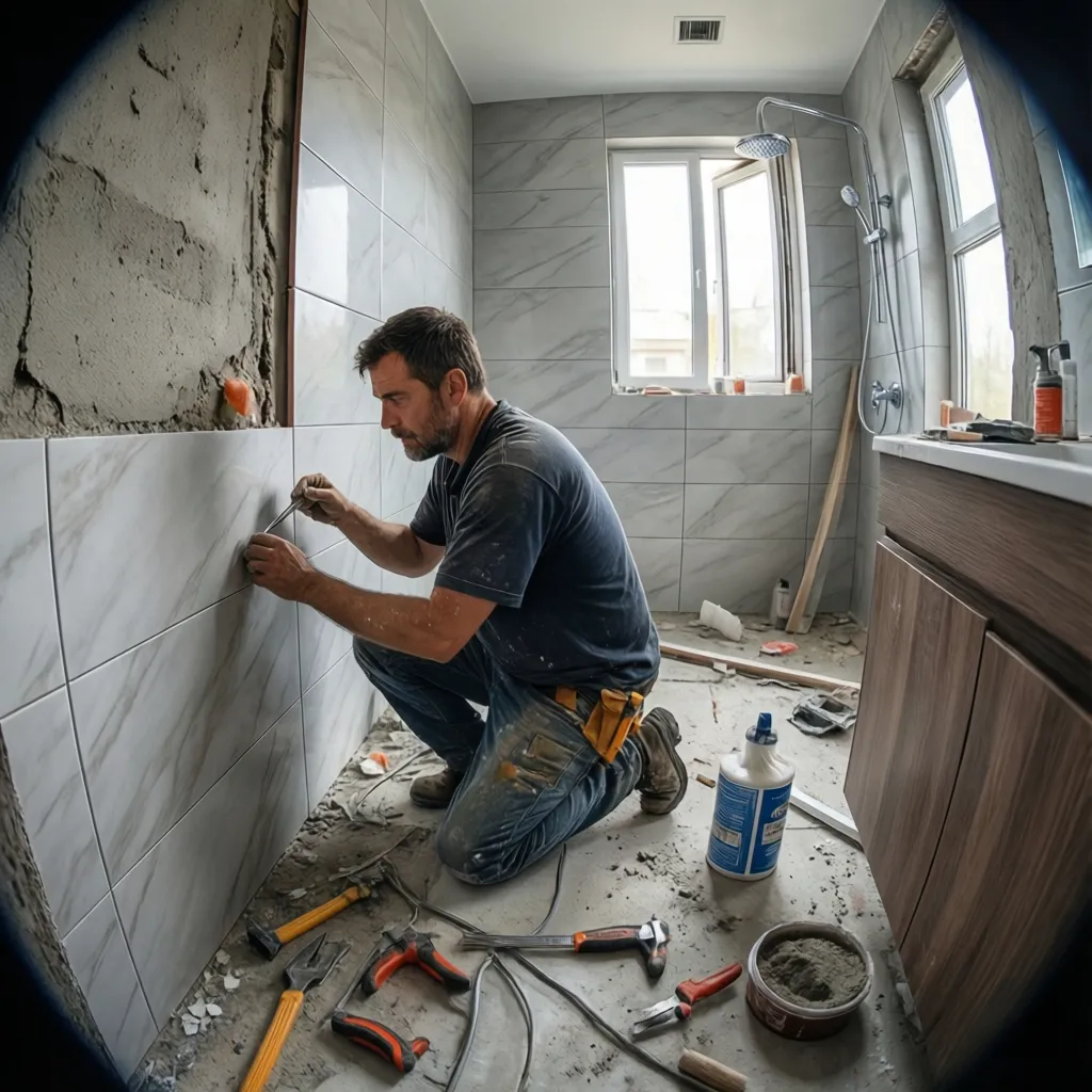 Profesional instalando azulejos durante una reforma interior de vivienda