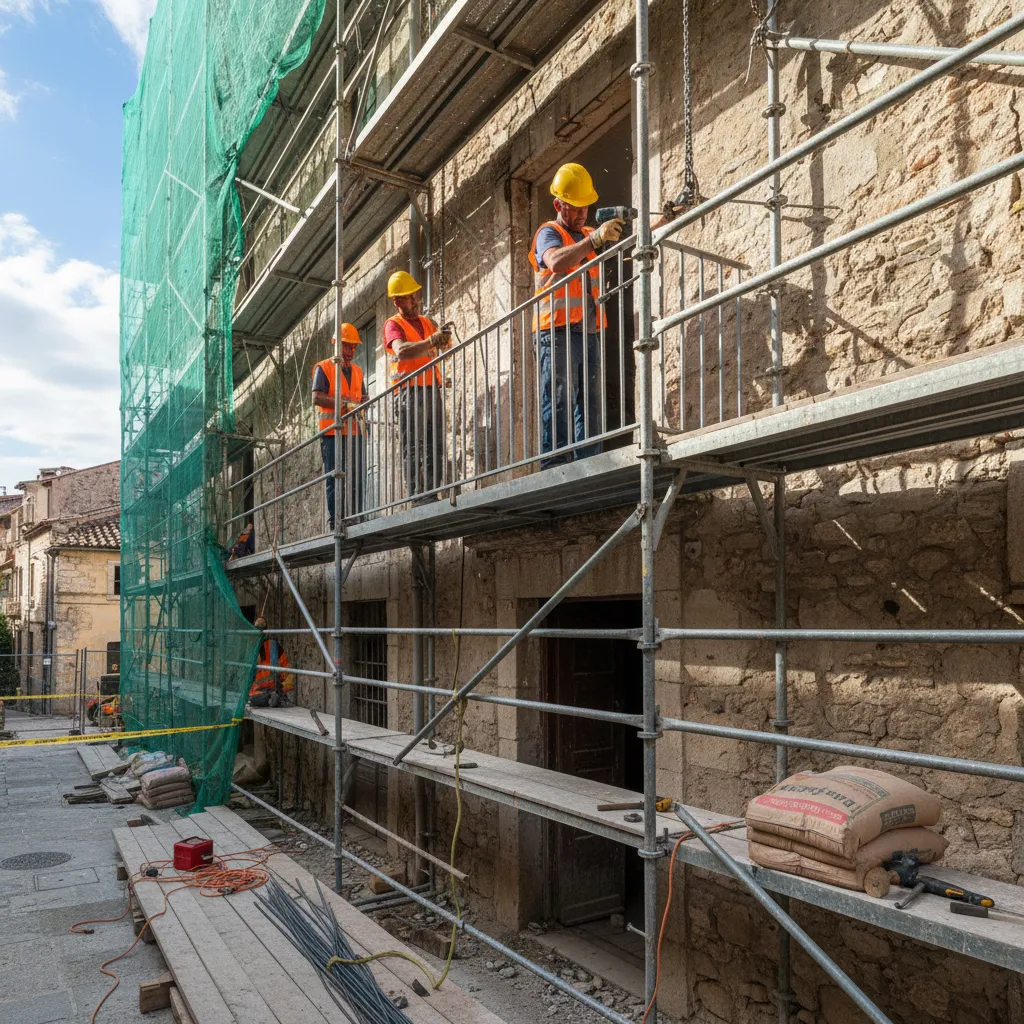 Workers on metal scaffolding installing a balcony railing on an old stone building wall renovation