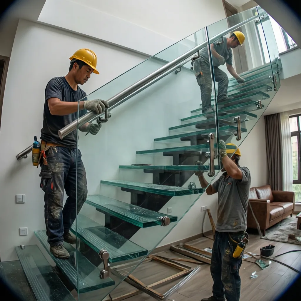 Instalación profesional de barandal de vidrio templado en escalera interior
