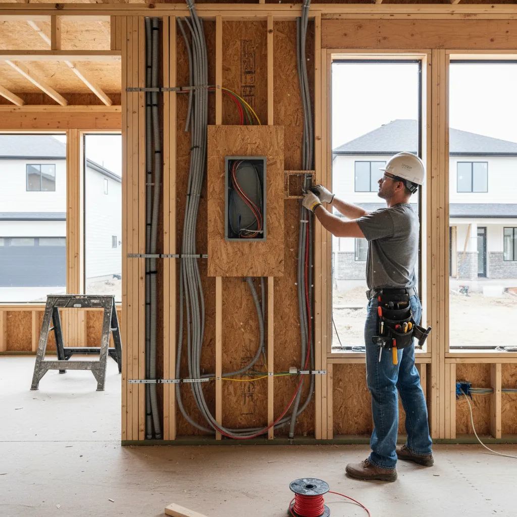 Instalación de cableado eléctrico dentro de una pared durante construcción