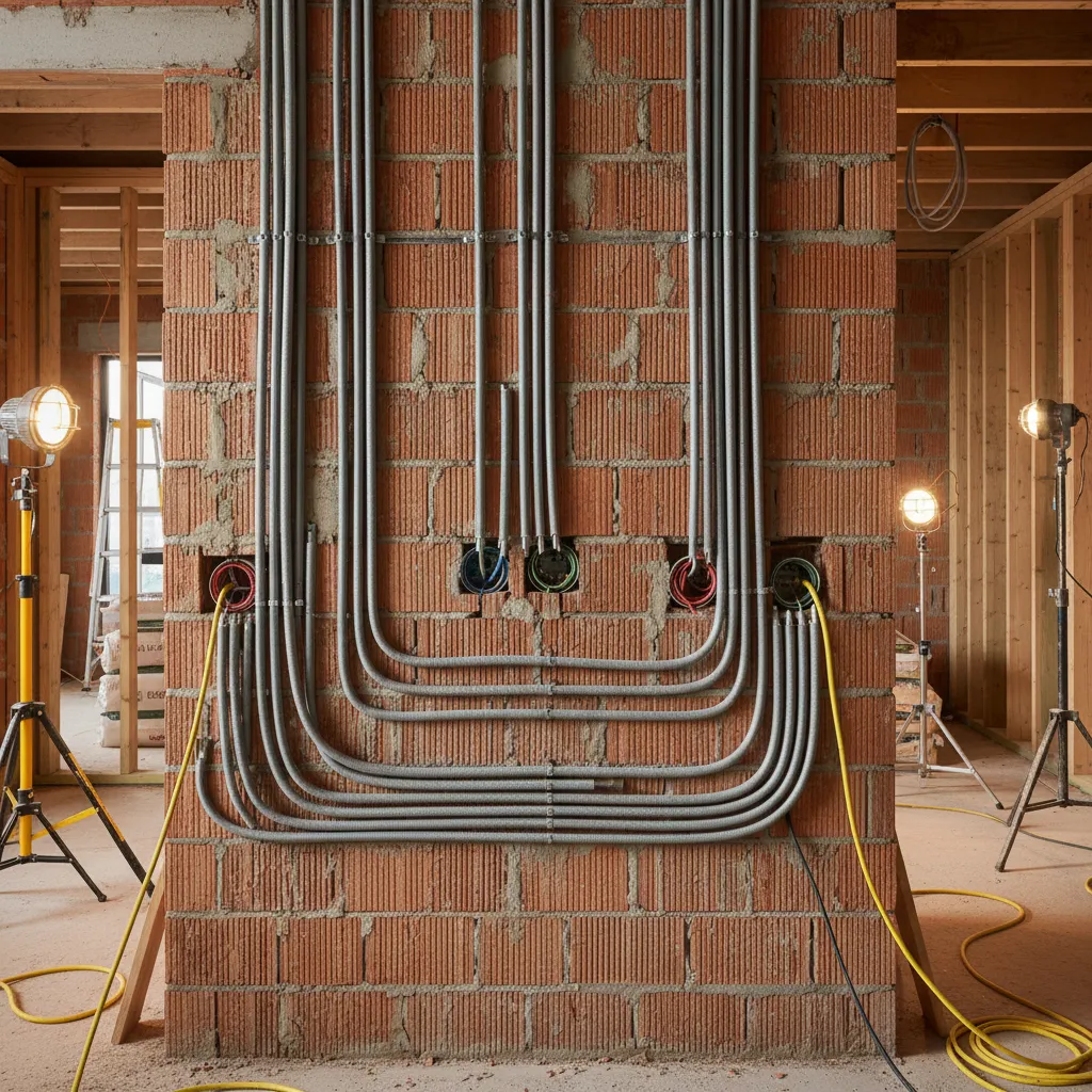 Brick wall under construction with grey electrical pipes and yellow wires with work floor lights