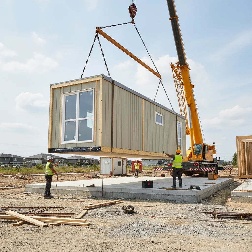 Instalación de una casa prefabricada mediante grúa sobre cimentación
