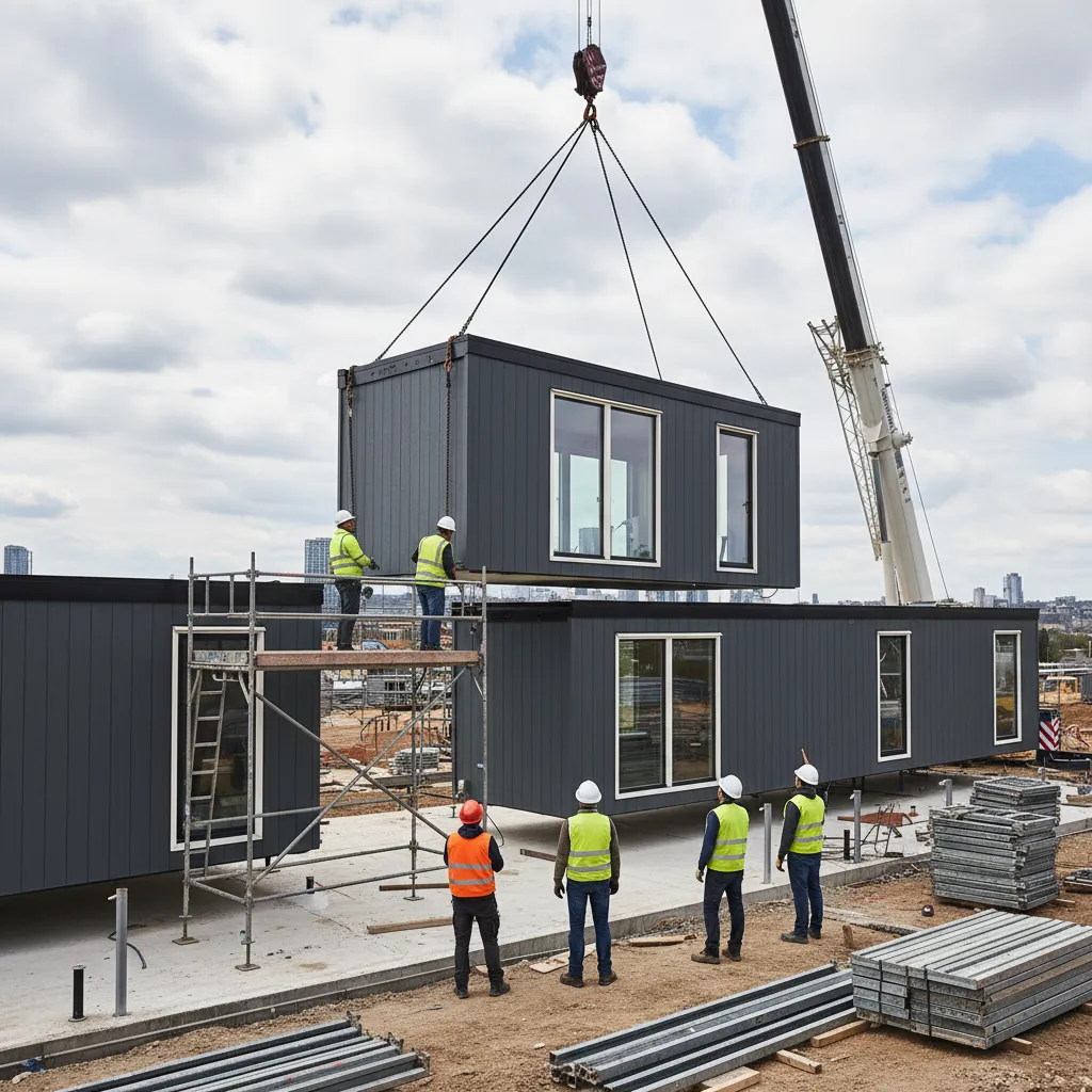 Instalación de módulos de casa prefabricada mediante grúa en el terreno