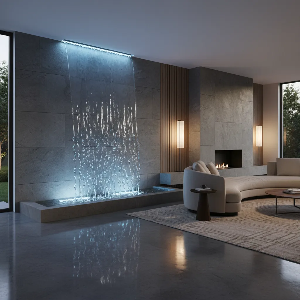 Instalación de cascada interior iluminada en sala moderna