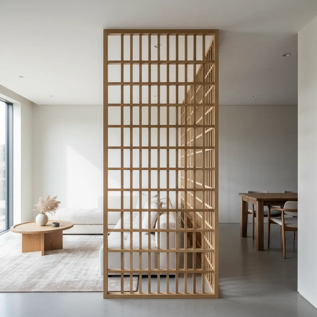Wooden slat room divider separating a living area with white sofa and wooden dining table