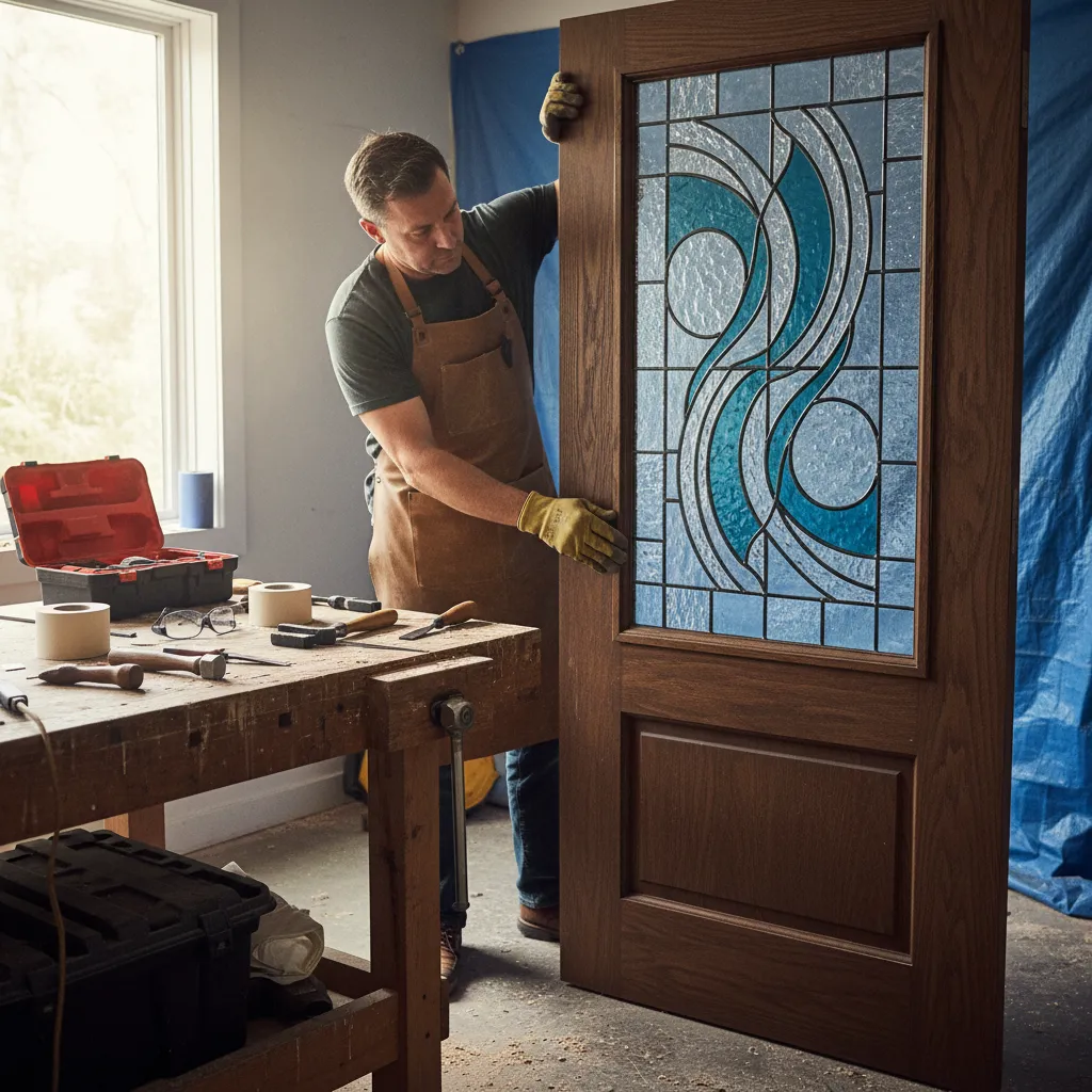 Instalación de un panel de vidrio decorativo en una puerta