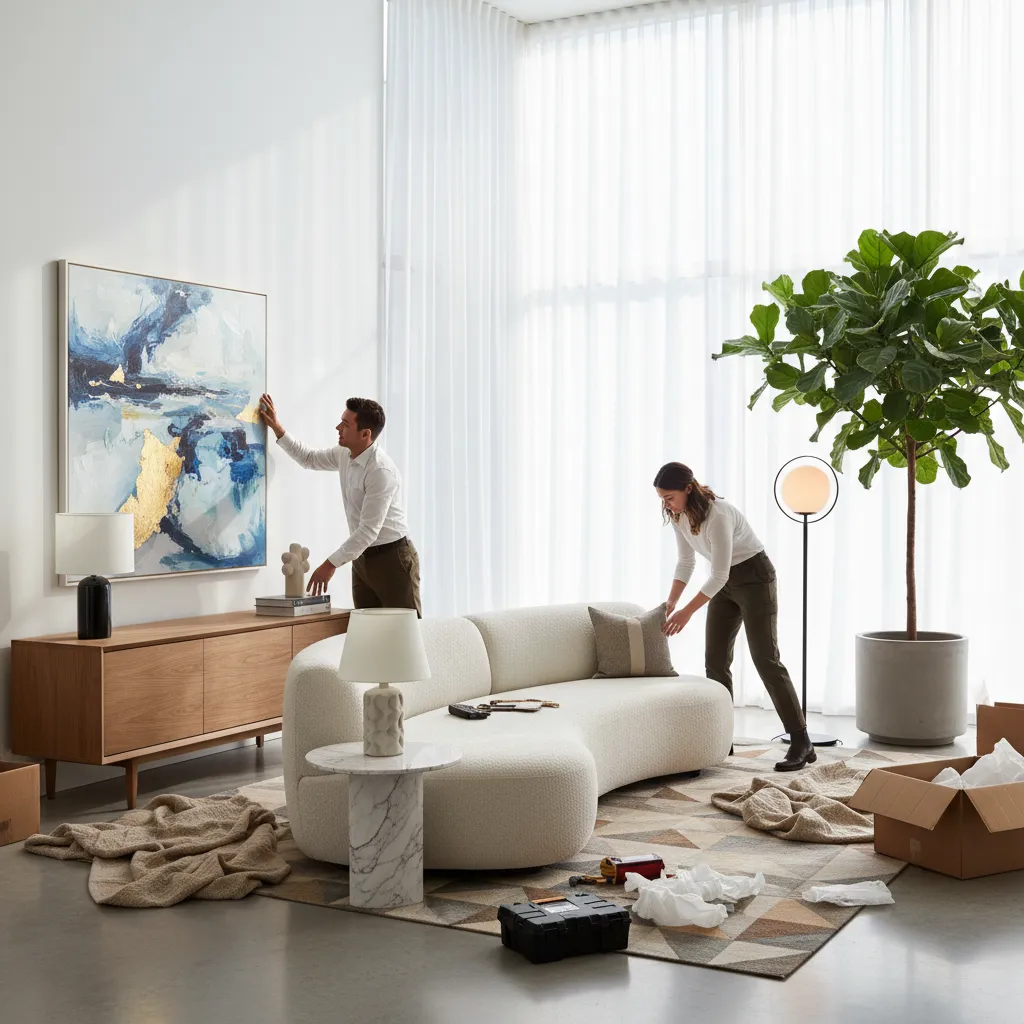 Equipo instalando mobiliario y decoración en un proyecto de interiorismo