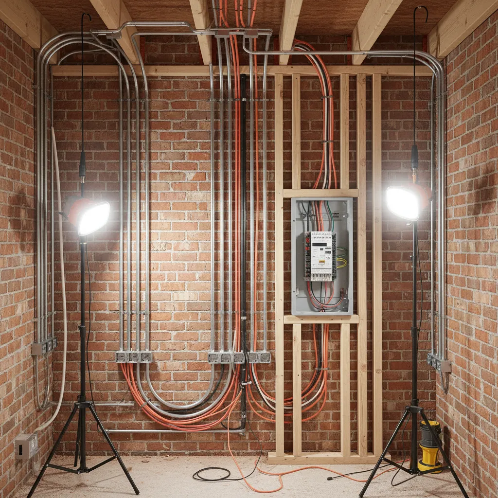 Cables eléctricos instalados dentro de paredes durante la construcción de una casa