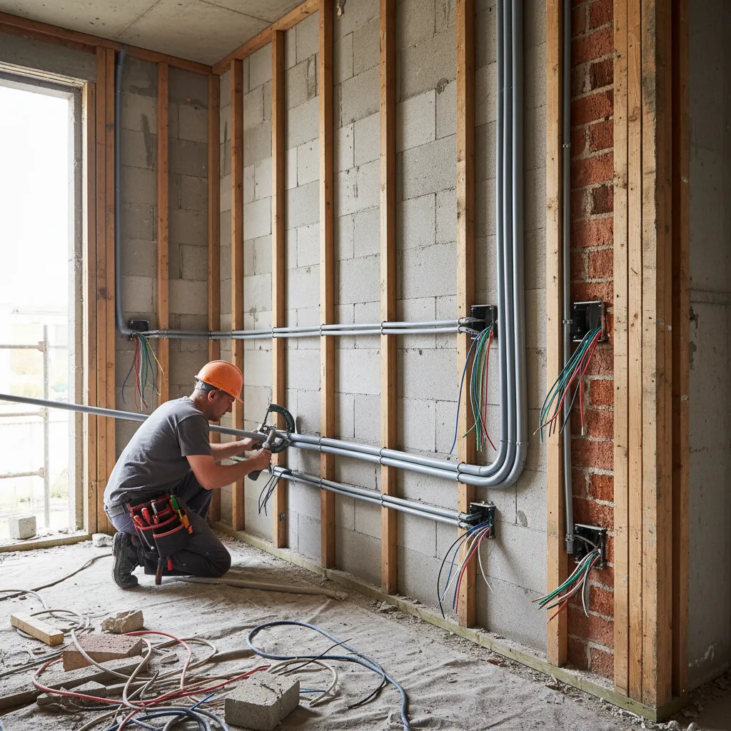 Instalación de tuberías eléctricas en pared durante construcción de vivienda