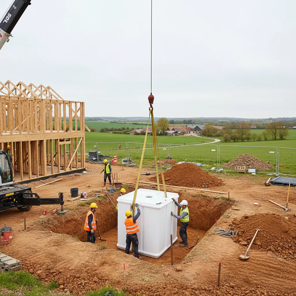 Workers using a crane to lower a white tank into a hole near wooden frame