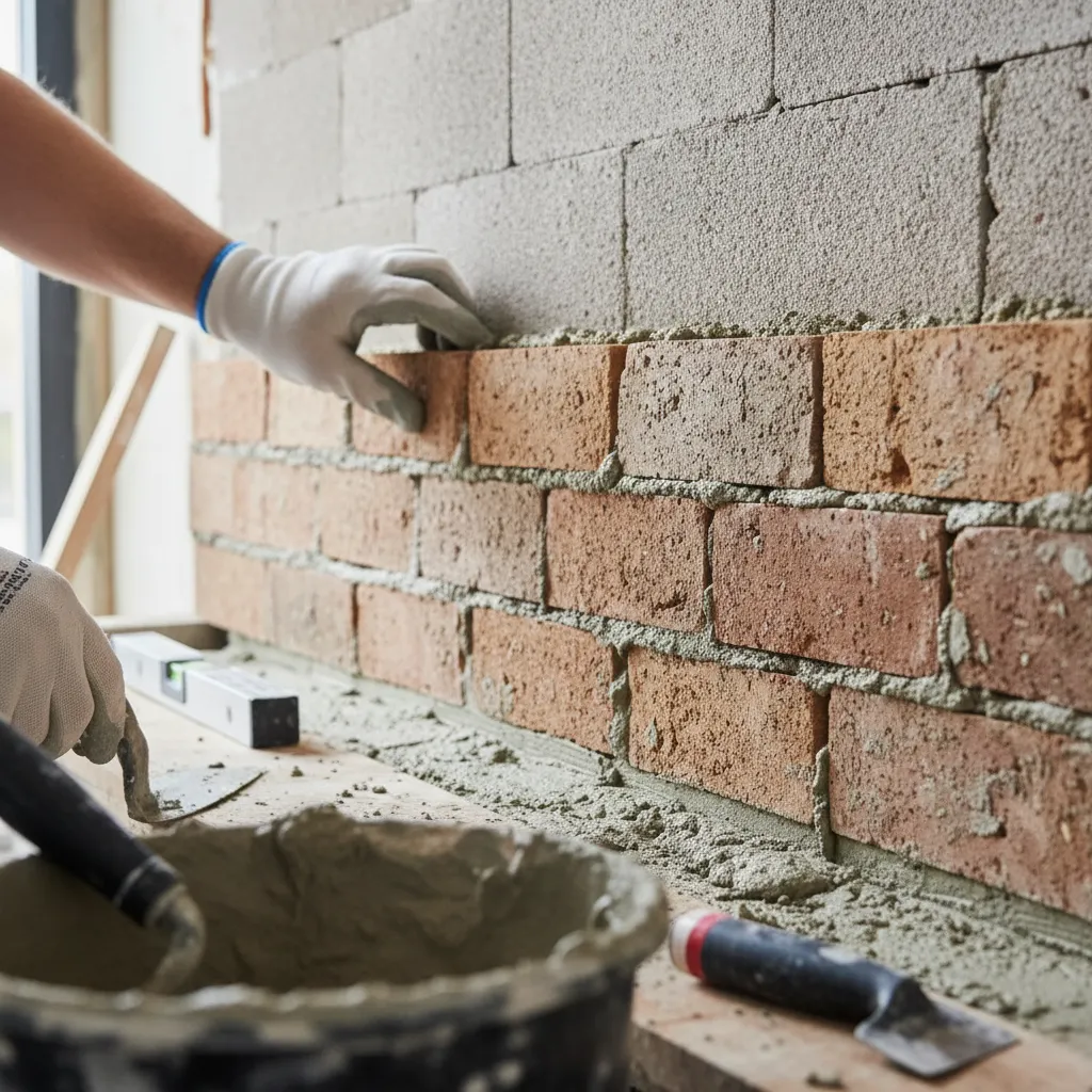 Proceso de instalación de ladrillo cortado en una pared interior