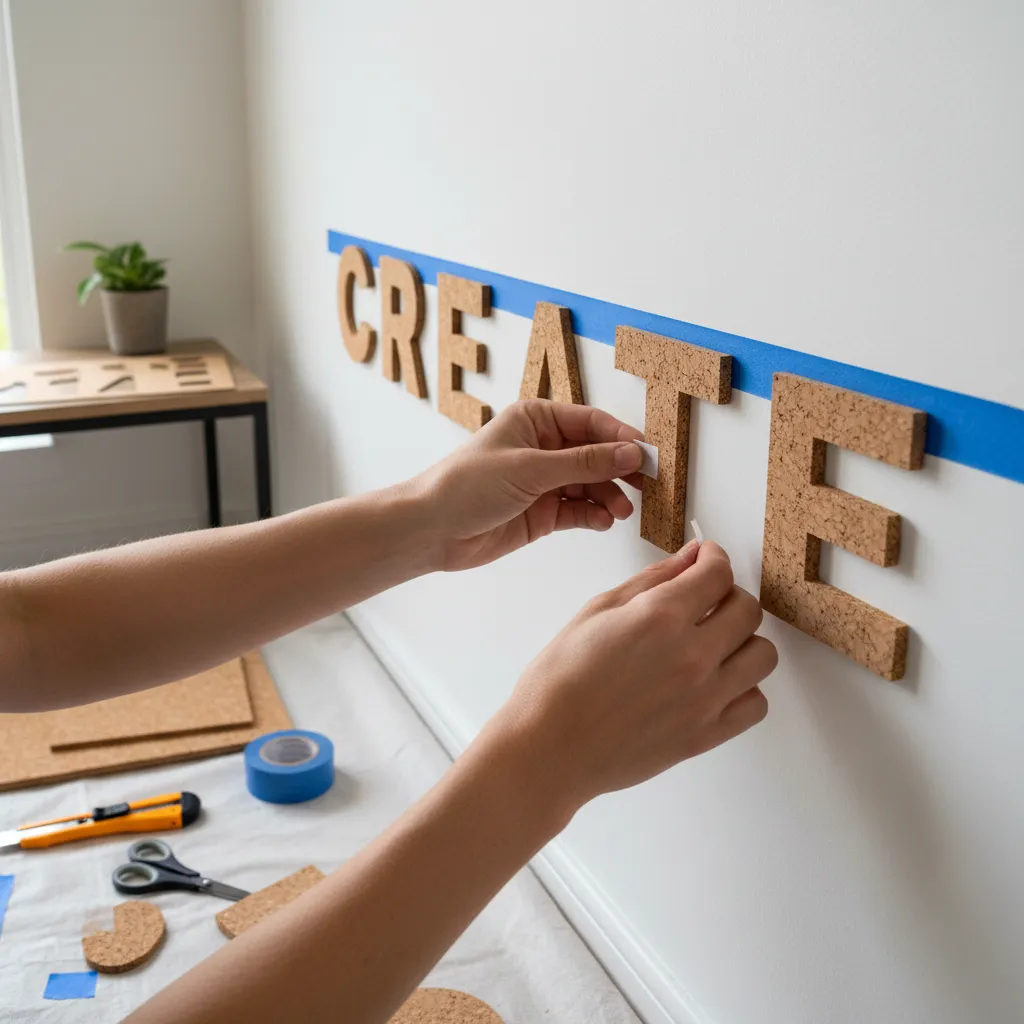 Proceso de instalación de letras de corcho en una pared usando cinta de pintor como guía