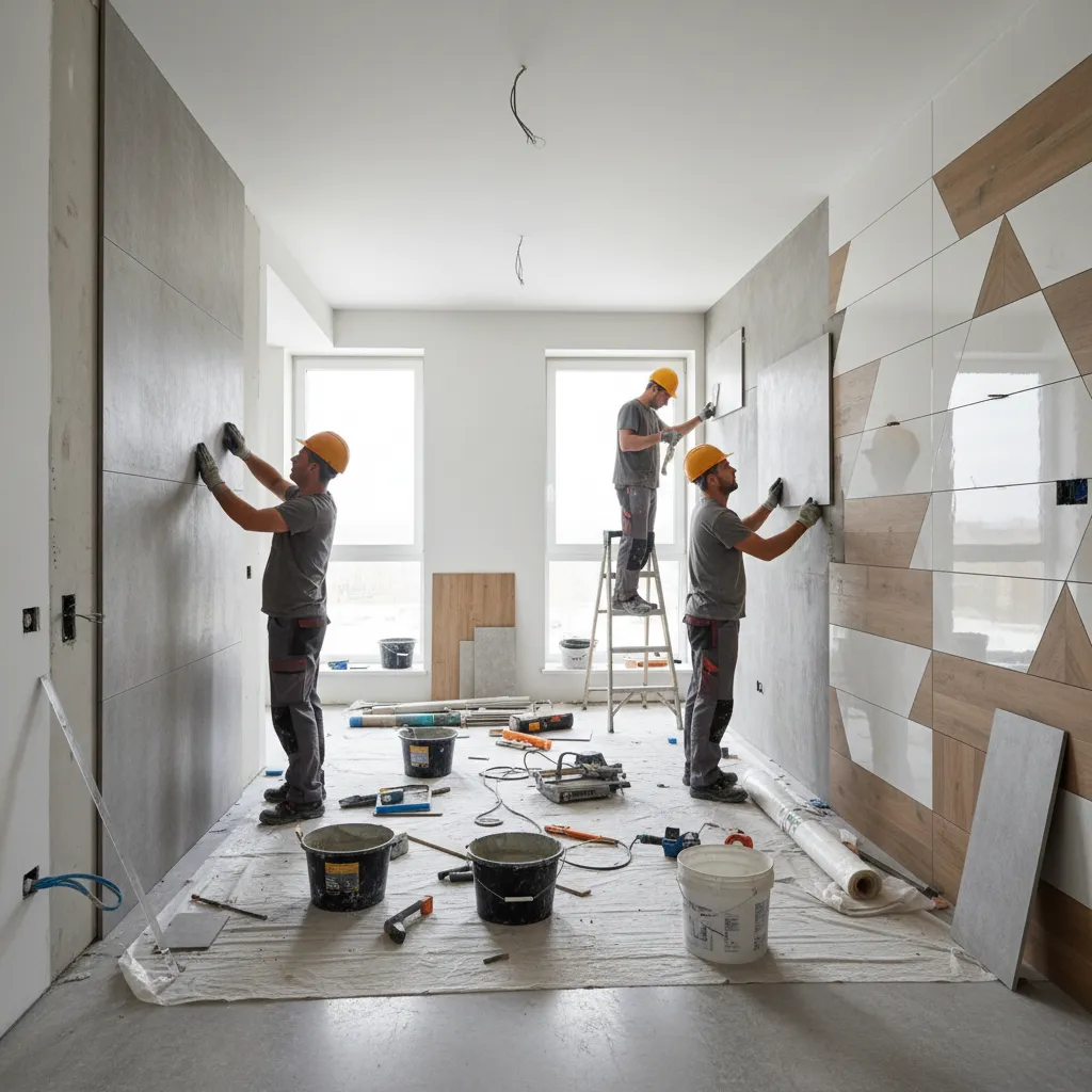 Professional workers in hard hats installing wall panels and tiles in a room under renovation