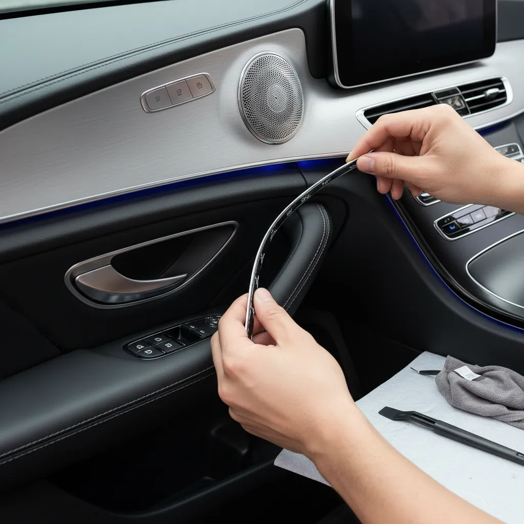 Instalación de moldura decorativa en puerta interior de coche