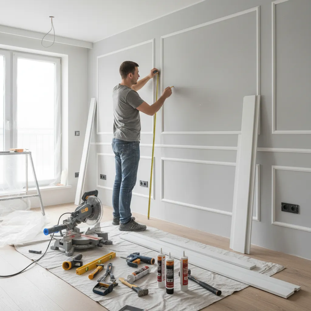 Man measuring a grey wall with tape for installing white wall panels and various tools