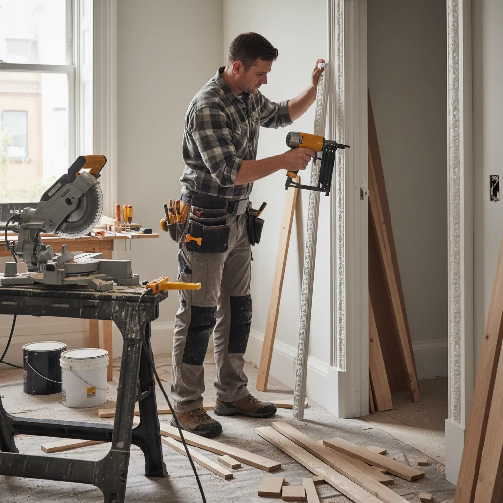 Instalación de molduras decorativas en marco de puerta interior