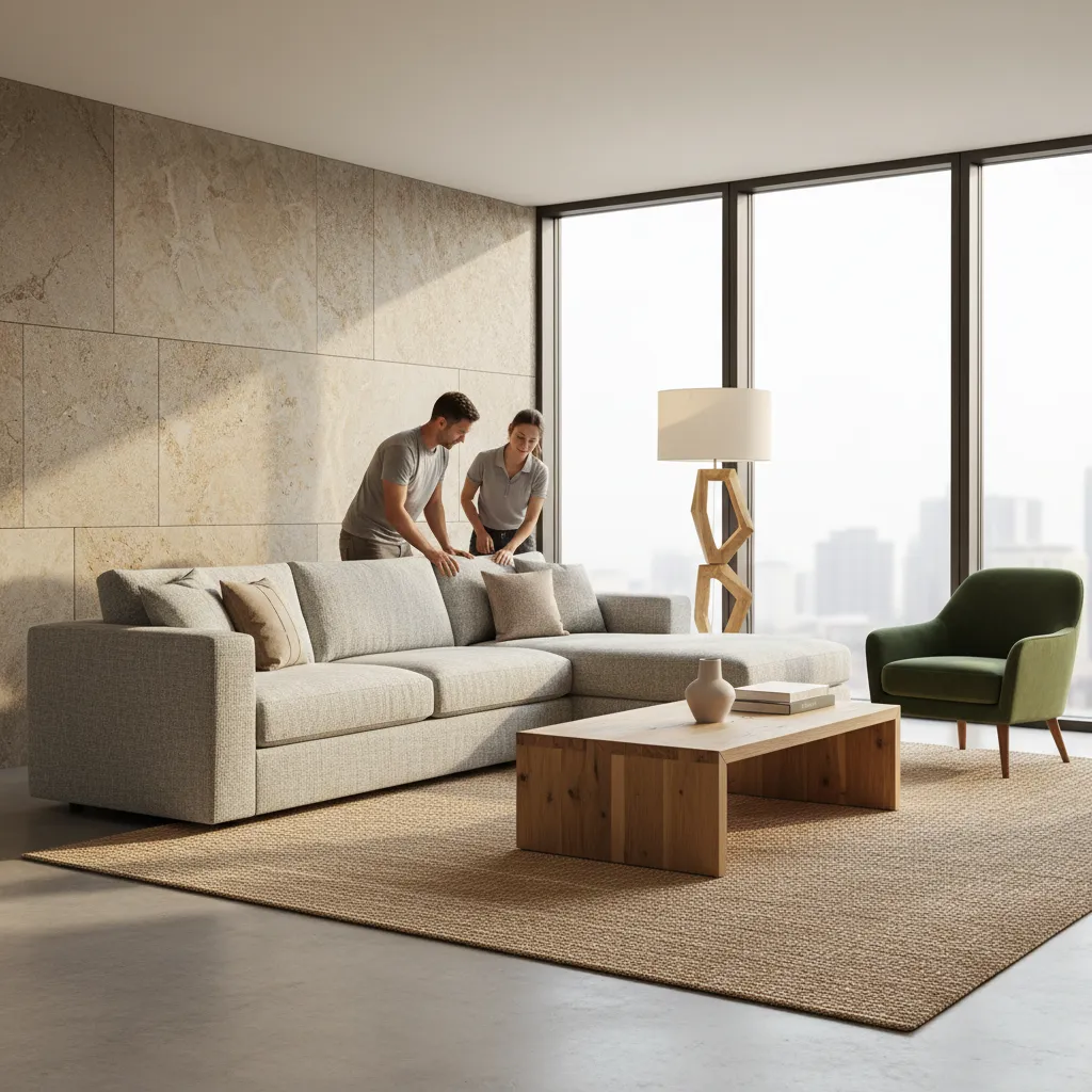 Two people arranging cushions on a grey sofa in a modern room with large windows
