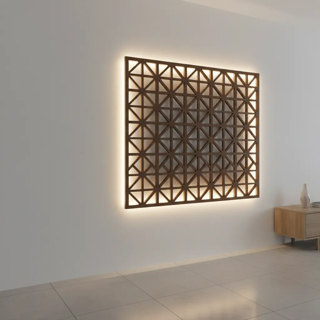 Panel de celosía separado de la pared con iluminación indirecta