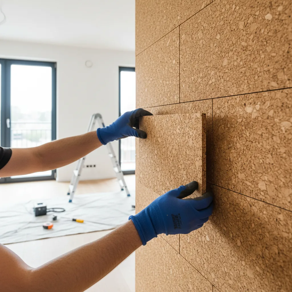 Instalación de paneles decorativos de corcho en pared interior